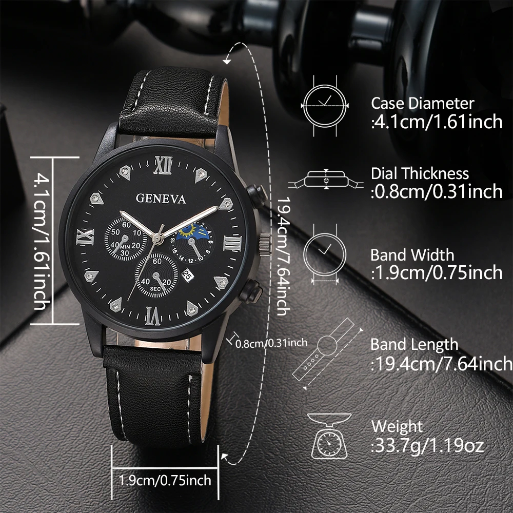 5PCS/Set Men Black Watch Fashion Three Eyes Roman Digital Dial Quartz Wristwatch Leather Strap Watch Jewelry Set Gift For Him