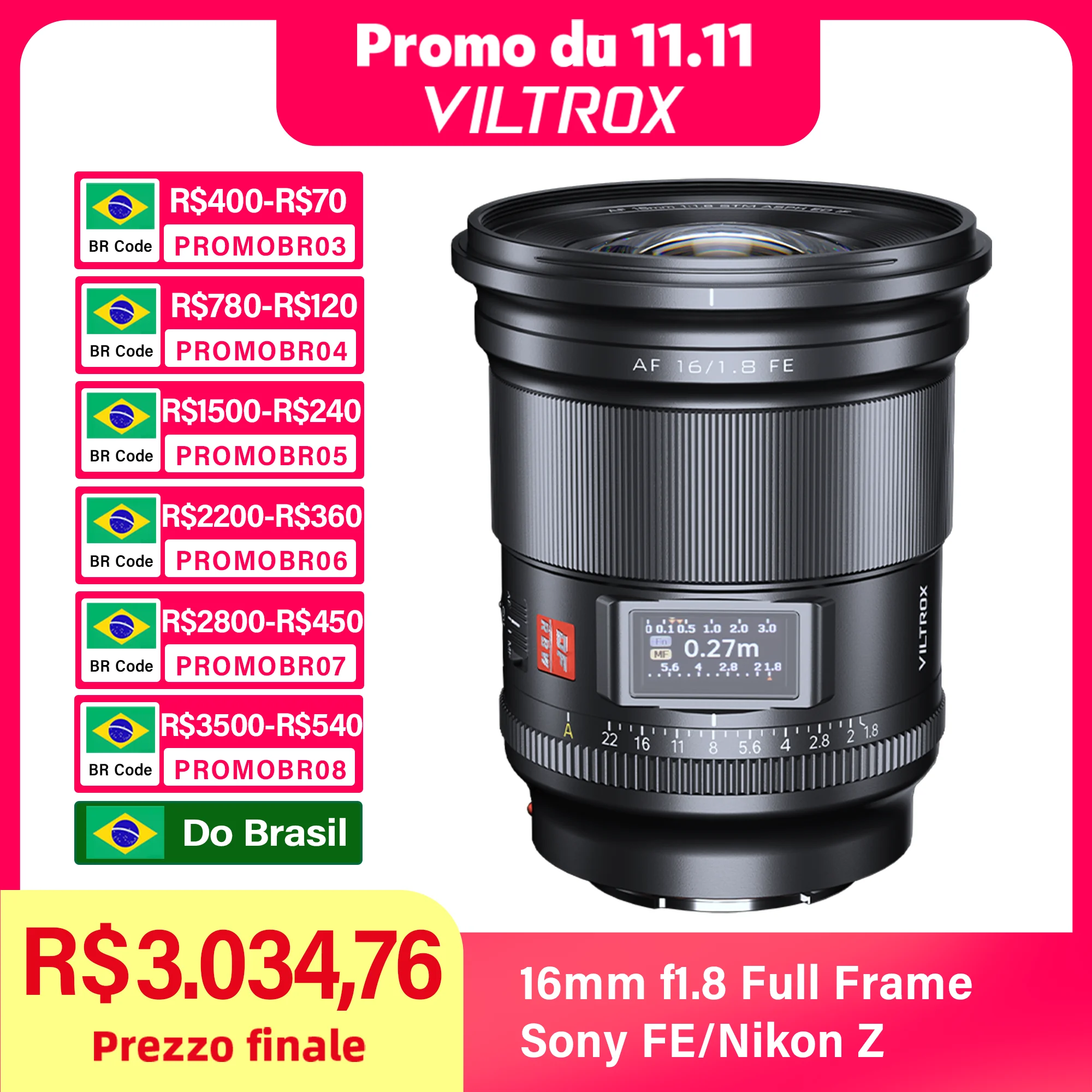 VILTROX 16mm F1.8 per obiettivo fotocamera Sony Nikon Full Frame cielo stellato obiettivo grande apertura messa a fuoco automatica ultra grandangolare con schermo