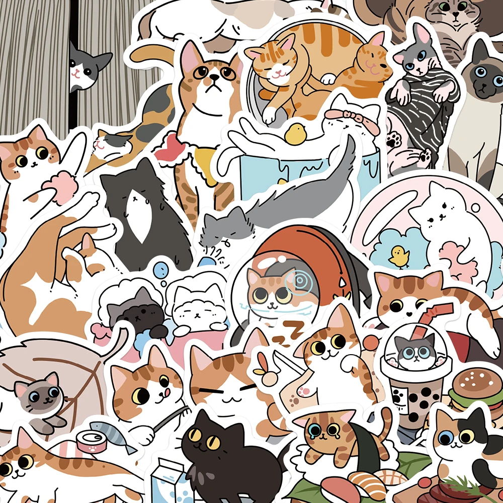 

50PCS Lazy Kitty Stickers Funny Cartoon Toy Decals For Laptop Student Tablet Scrapbook Cup Refrigerator DIY Animals Stickers