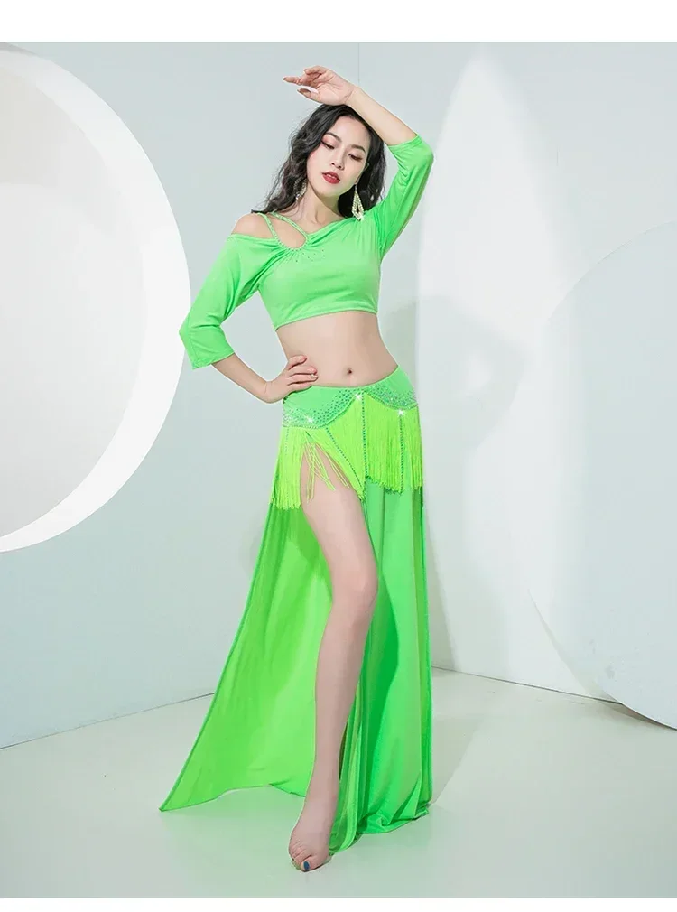 Novo conjunto de dança do ventre feminino dinâmico borla quente diamante split 2 peças conjunto prática dança oriental conjunto desempenho roupas