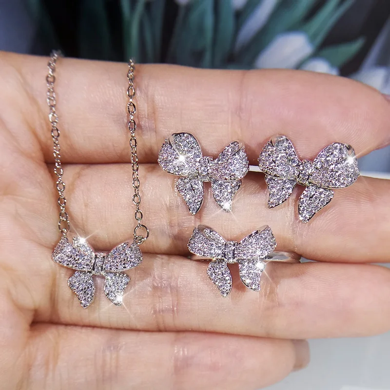 2022 NEW Fashion Four Bows Jewelry Set  For Women silver plate Full Diamond Zircon Necklack Ring Earring Engagement Wedding Gift