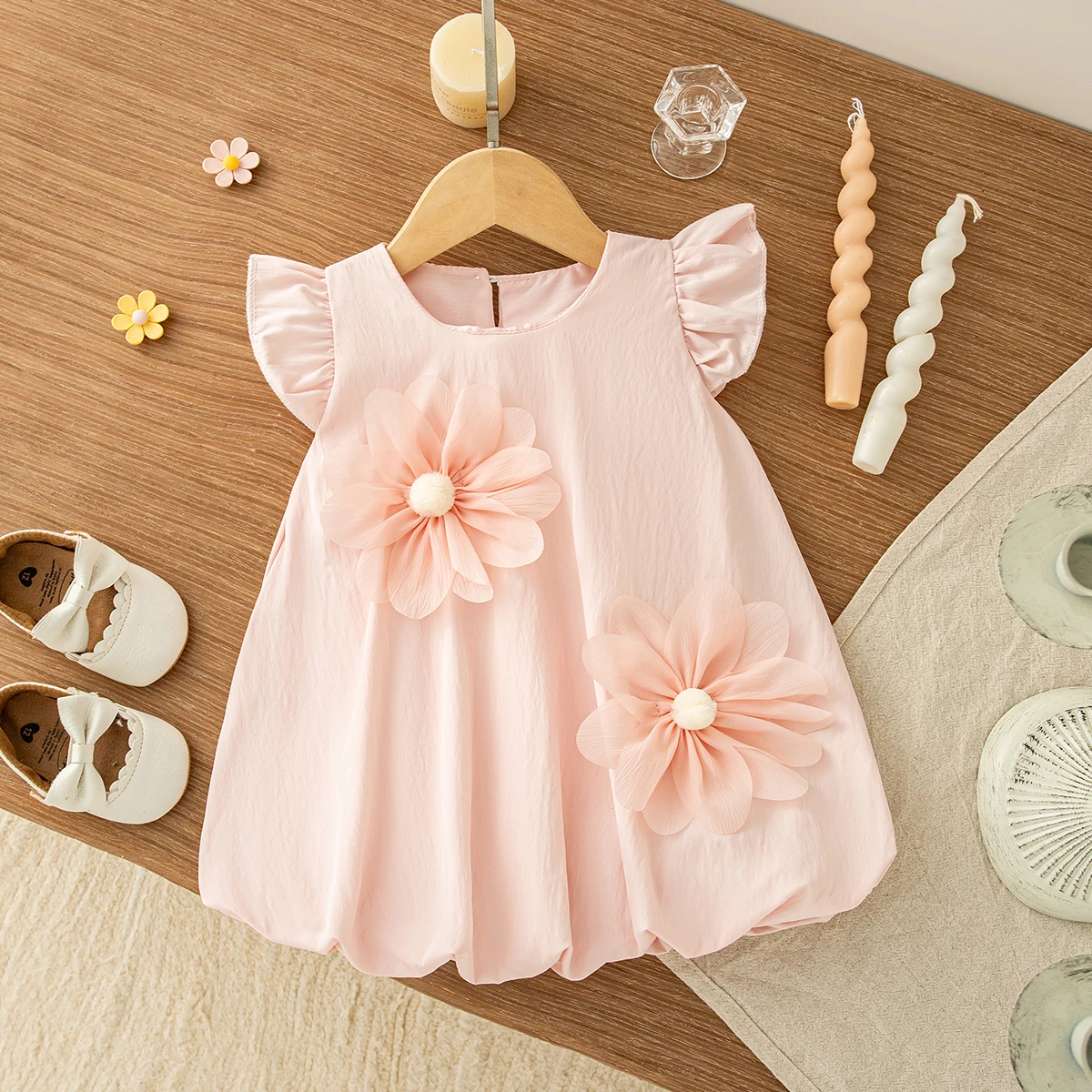 Baby Girl Dress Summer Sweet 3d Flower Simple Korean Style Daily Outing Princess Dress Children's Clothing 9 Months -4 Years Old