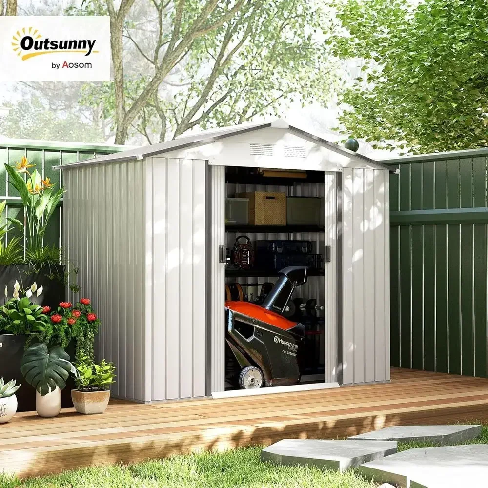 7' x 4' Outdoor Metal Storage Shed with Foundation Kit, Double Door, Air Vents, and Sloping Roof for Garden Tools, White