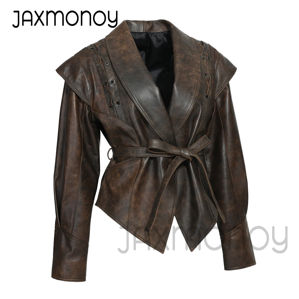 Jaxmonoy-Veste en cuir véritable pour femme, manteau en peau de mouton vintage, ceinture élégante, mince, dames, Y2K, printemps, automne, 2024