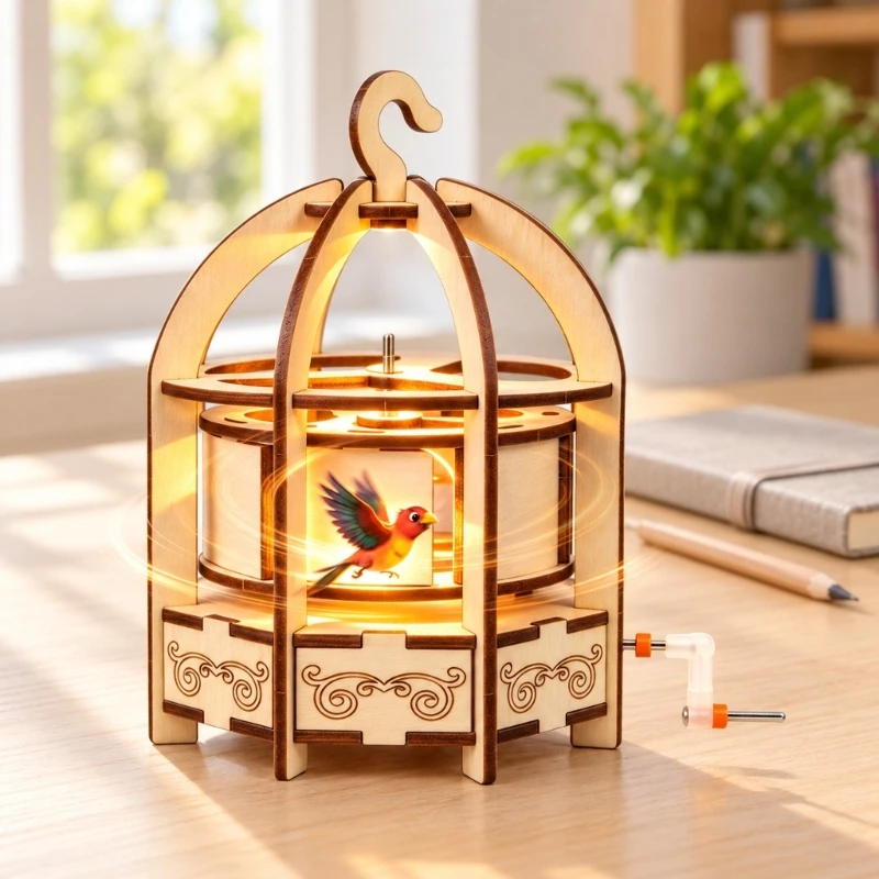 Bird-and-Cage Optical Afterimage DIY Science Model, Manually Operated Wooden Illusion Project for Family Activities and 15UB