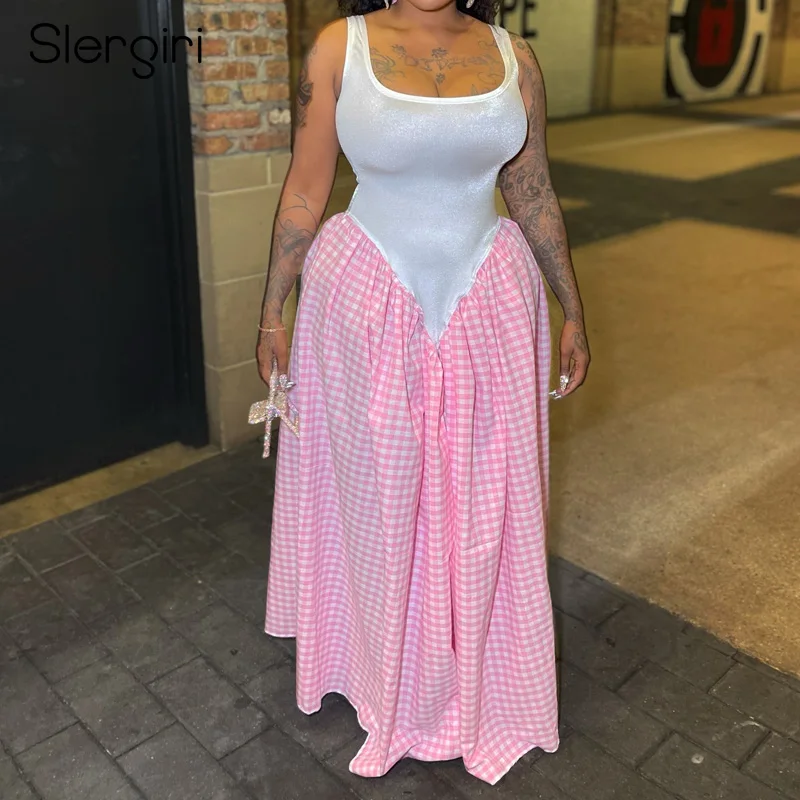 فستان Slergiri للسيدات بدون أكمام منقوش بدون أكمام لصيف 2025 برقبة سكوب وخصر عالٍ فساتين طويلة غير رسمية كبيرة سوينغ