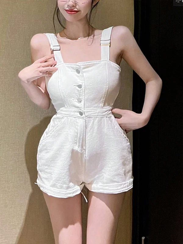

Sexy Girl Denim Tube Top Jumpsuit Women's Faionable Summer Design Godd Sle ort Pants Button Detail Regular Thin