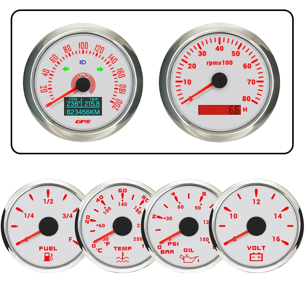 Gauge Set 52mm Water Temp Oil Pressure Fuel Level 12V +85mm GPS Speedometer 0-160MPH 200km/h Tachometer with 7 Colors Backlight