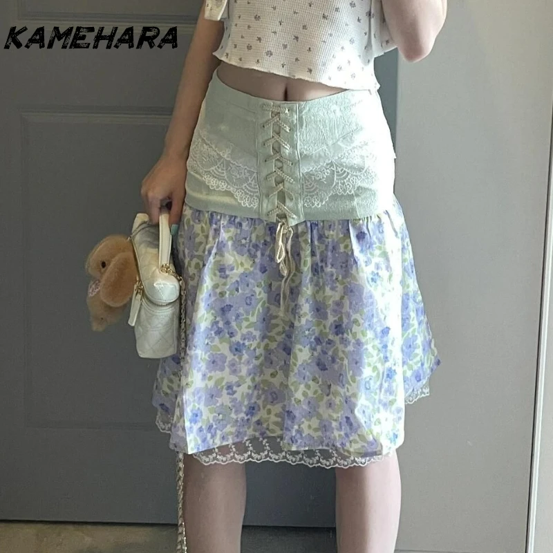 

KAMEHARA French Retro Countryside Style Purple Floral Midi Skirt for Women Summer Versatile Sweet Girl Patchwork Length Skirts