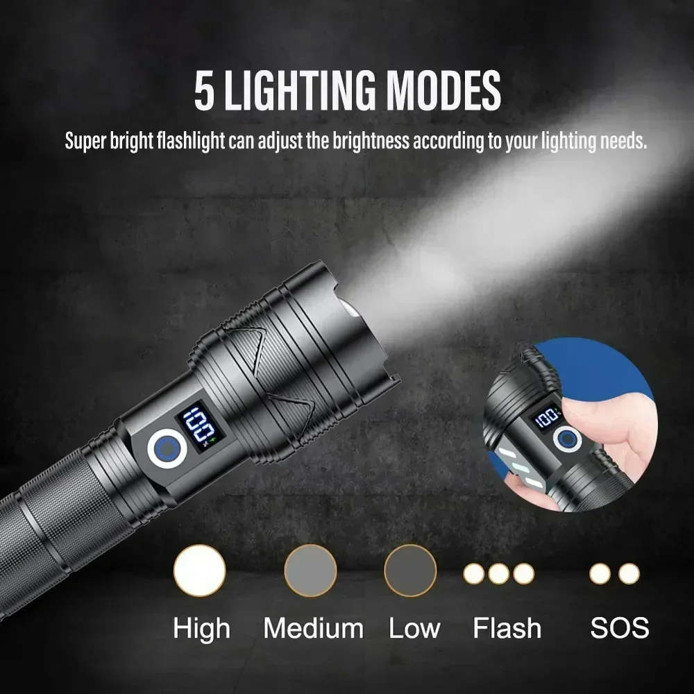 ที่มีประสิทธิภาพ 60W ไฟฉาย LED USB ชาร์จไฟฉายฉุกเฉิน Zoomable Super Bright Spotlight ยุทธวิธี Camping โคมไฟ