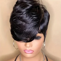 pixie cut human hair machine made wig 6inch natural balck color 150% density daily party use wig short straight pixie wig
