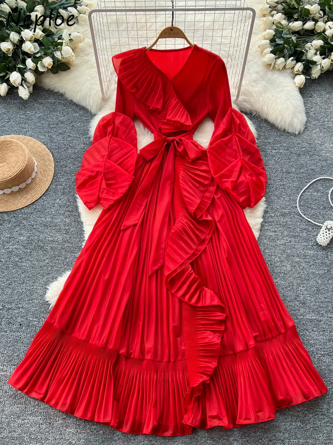 

Neploe Europe 2025 New Design Irregular Elegant Dress Three-dimensional Ruffles Lace Up Slim Waist Robe Ruched Ball Gown Mujer