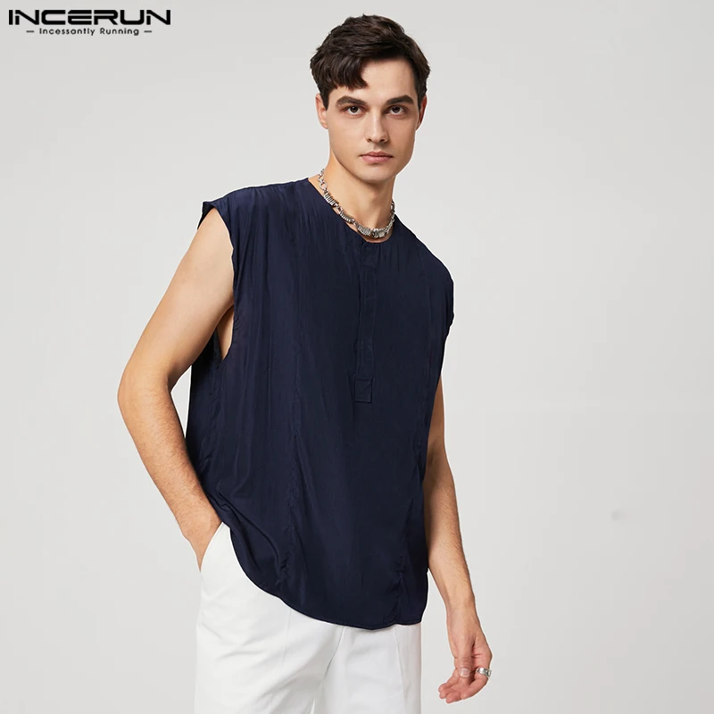 INCERUN Men Shirt Solid Color Sleeveless Streetwear Button Casual Men Clothing 2024 Summer Loose Fashion Camisa Masculina S-5XL