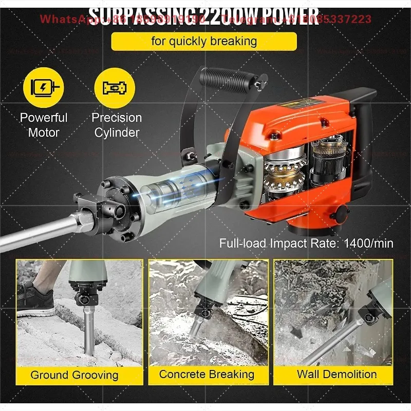 Electric Demolition Jack Hammer Heavy Duty Power Breaking Tool Equipped with Point Chisel and Flat Chisel Bits