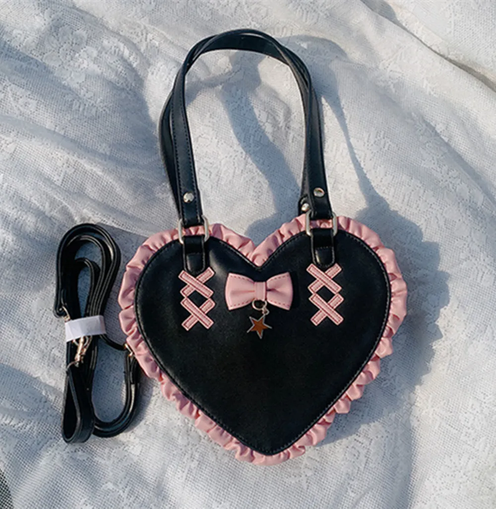 Lolita Kawaii Love Bow Knot Heart Purses Handbags Women Lolita Shoulder Bag Stitching Color Leather Japanese Handbag New