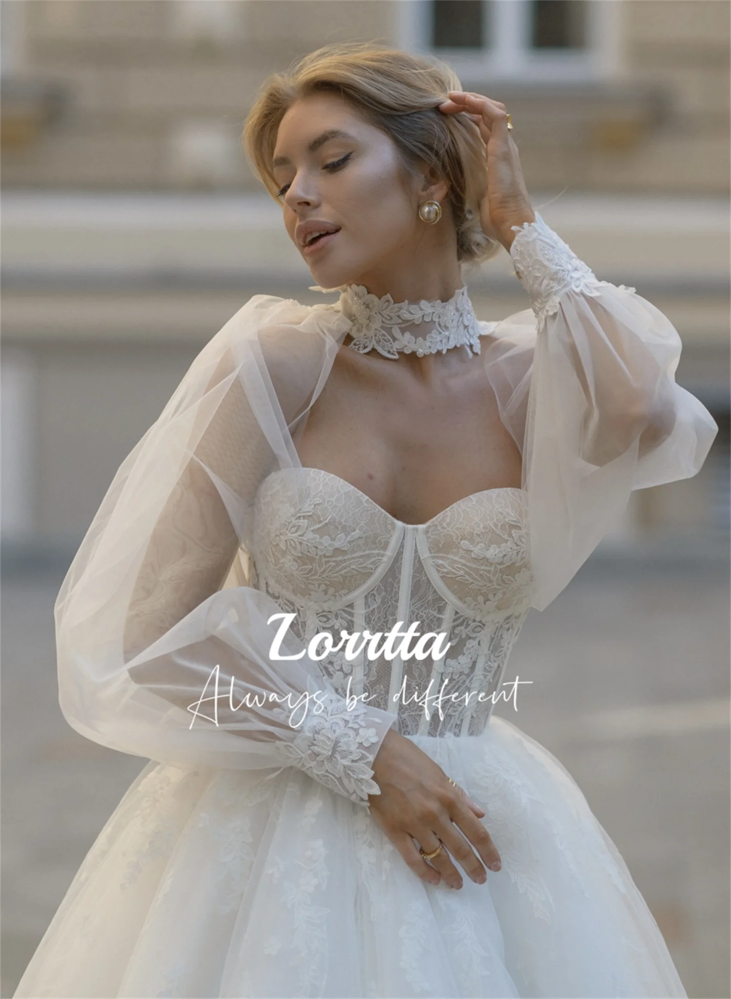 

Lorrtta Sexy Sweetheart Neck A Line Wedding Dress Long Puff Sleeve Bridal Gown Appliqué Sleeves Removable Women's Ball Evening