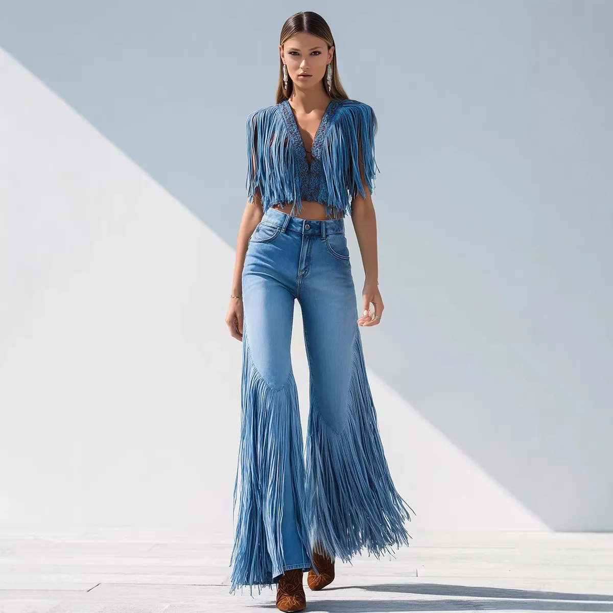 Women Dark Blue Solid Color Tassels Loose Asymmetrical Simple Basic Spliced Jeans Pants American European Fashion Denim Trousers