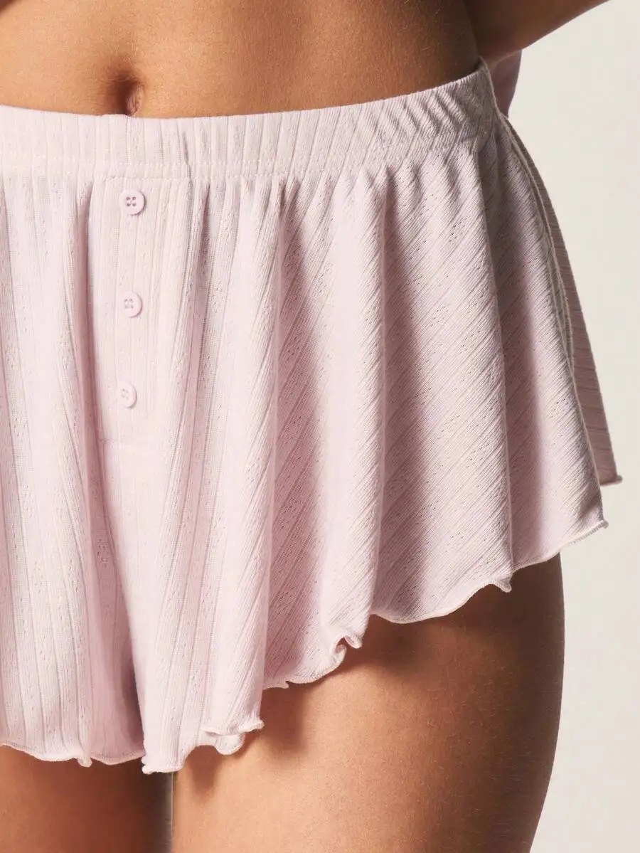 

Pointelle Ribbed Button Down Camisole Top With Ruffle Shorts Sleepwear Loungewear