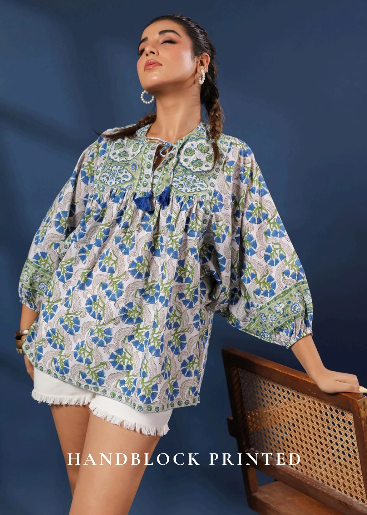

Handblock Printed Boho Top with Volume Sleeves Sustainable Fashion Natural Dyes From India Cotton Summer Breathable Cotton Shirt