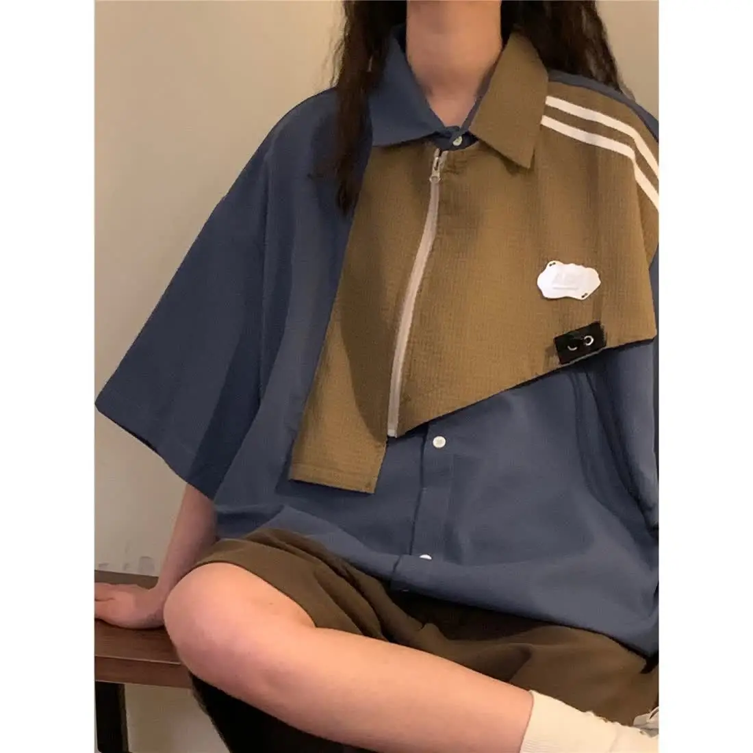 Japanese workwear waffle splicing short-sleeved shirt women's summer loose design niche casual high street all-match y2k tops