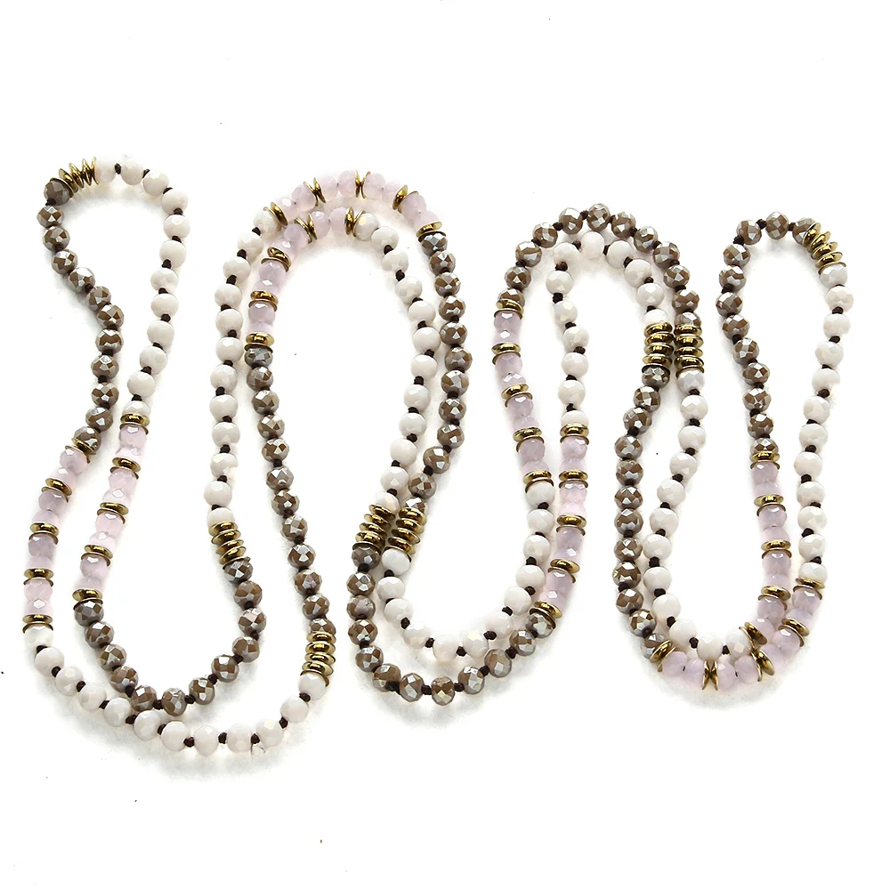 Fashion 6mm Glass Knotted Metal Spacer Multi Crystal Necklace