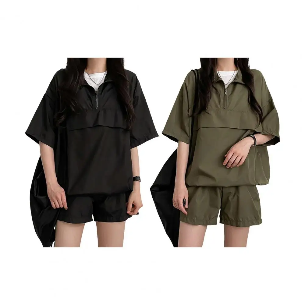 2 Pcs Loose Women Suit Set Solid Color Women Summer Tracksuit Set Zippered Turn-down Collar Top High Waist Shorts for Daily Wear