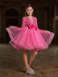 V-Neck Long-Sleeved Velvet Bow Pink Girl Birthday Party Evening Dress Luxury Girl Stage Performance Shiny Evening Dress
