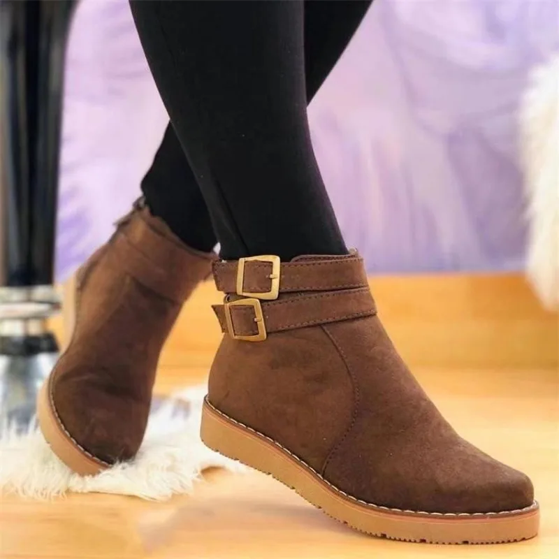 Women's Ankle Boots Round Toe Flat Sole Suede-Look Double Buckle Strap Side Zipper Contrast Stitching Casual Daily Walking Shoes