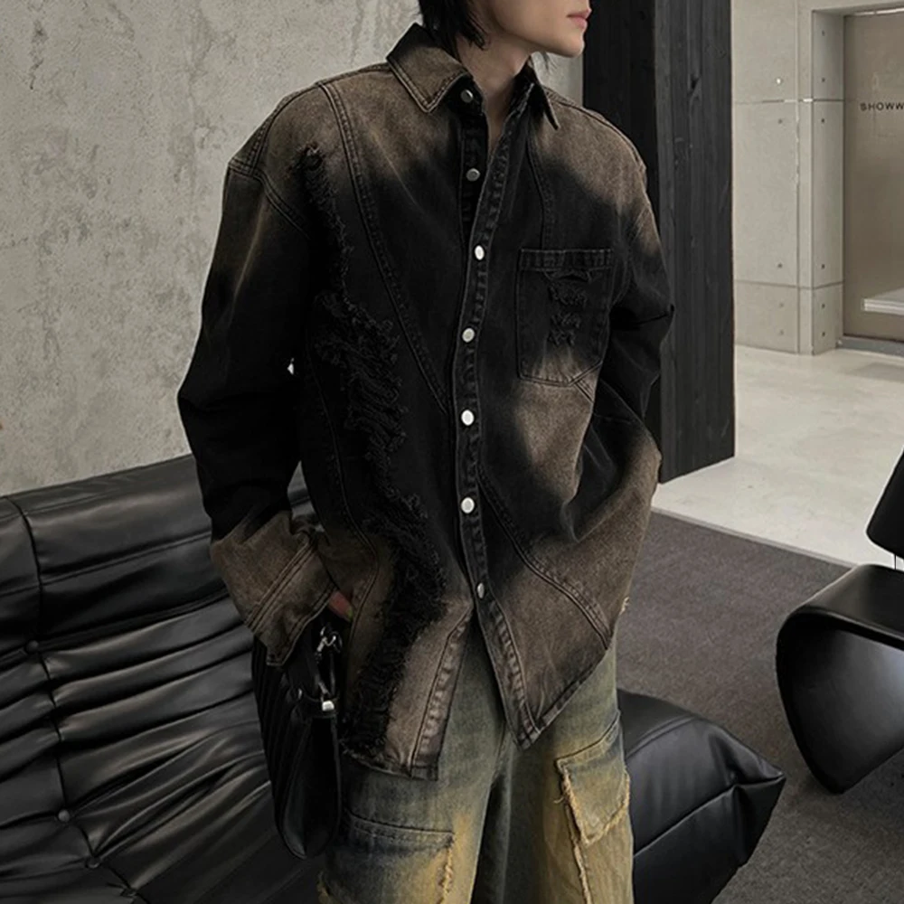 Korean High Street Fashion Washed Gradient Hip-Hop Trend Ripped Old Denim Jacket Loose Large Size Casual Retro Jacket For Men