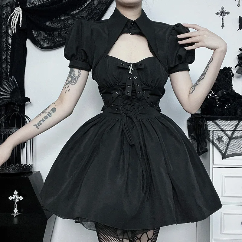 

2024 Vintage Sling Gothic Dress Women Black High Waist Bandage Black A-Line Mini Dress Princess Party Dress Female Vestidos