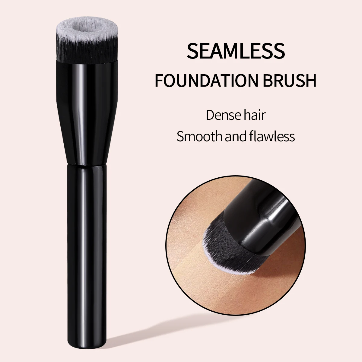Black Seamless Flat Top Foundation Brush,Wooden Handle For Streak-Free Liquid & Cream Base Makeup