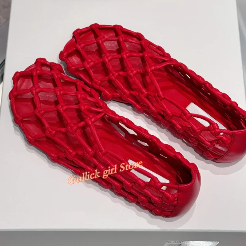 French Woven Mesh Hollow flat Sandals Bottomed Round Toe Summer Fashionable Shoes Handmade Slip On Solid Custom Made Shoes