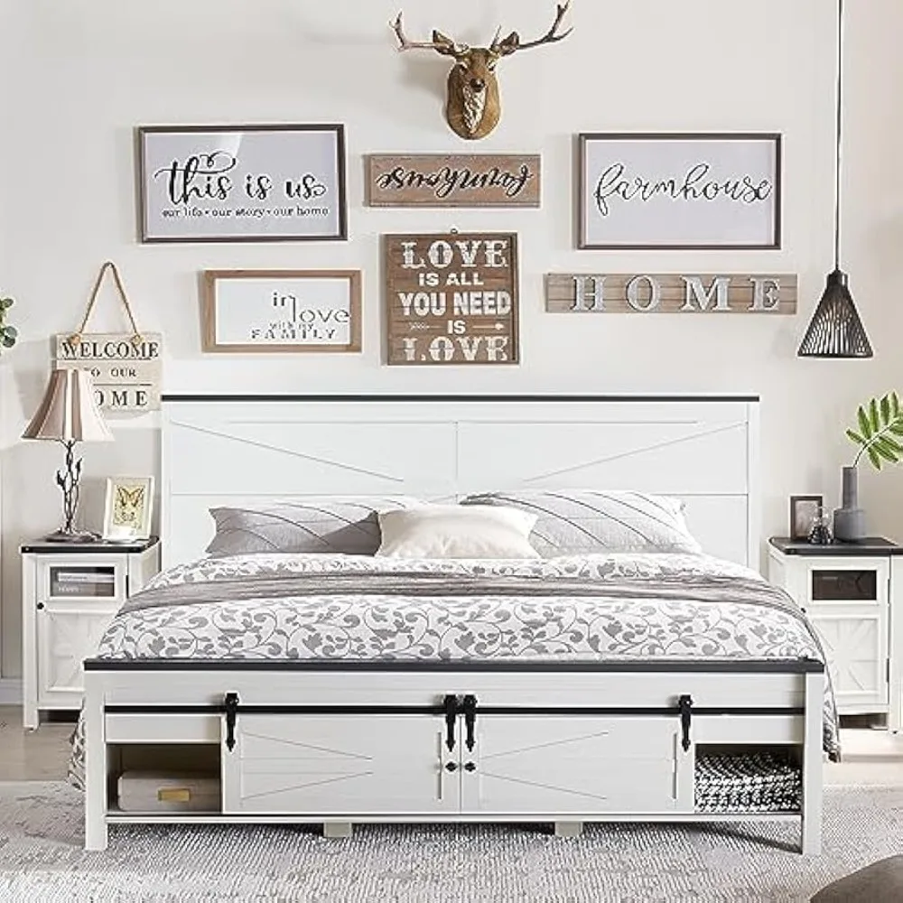 

Bed Frame King Size with Sliding Barn Door Storage Cabinets and Headboard, Solid Wood Slats Support, Farmhouse Wood Bed Frame