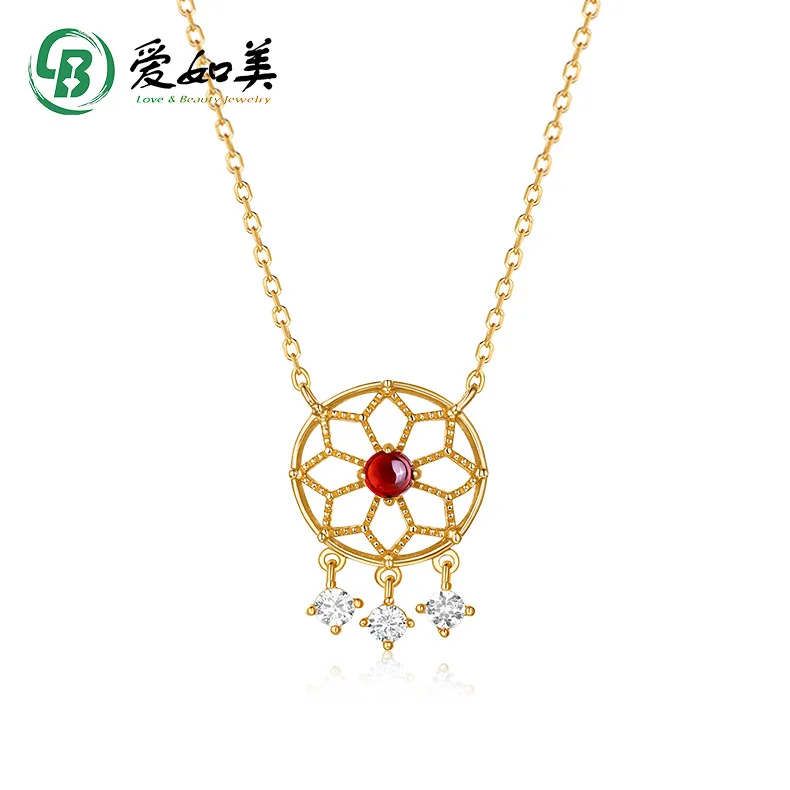 

18K Gold PT950 Platinum Silver Plated 7-layer Gold Trendy Versatile Retro Hollowed Out Garnet Dream Catcher Necklace for Women