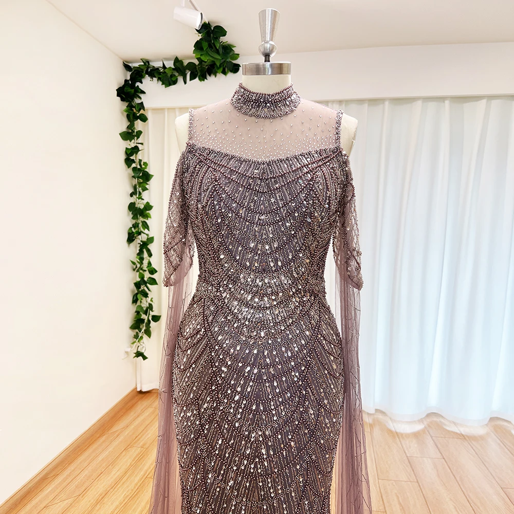 Luxury Mermaid Evening Dress with Cape Sleeves 2024 for Women Elegant Beads Pearls High Neck Long Formal Prom Wedding Party Gown