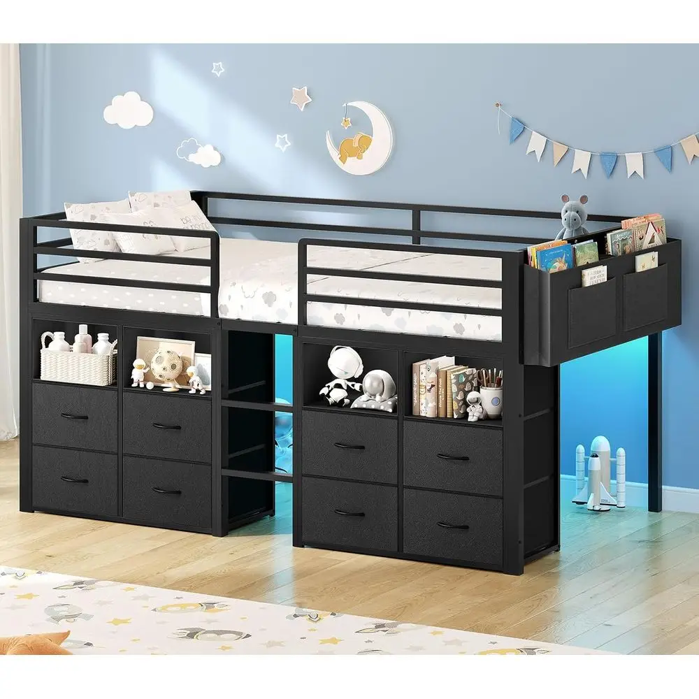 

Twin Size Storage Bed with 8 Drawers, Bookcase, LED Lights, Safety Rail, Play Space, No Box Spring Needed, Black