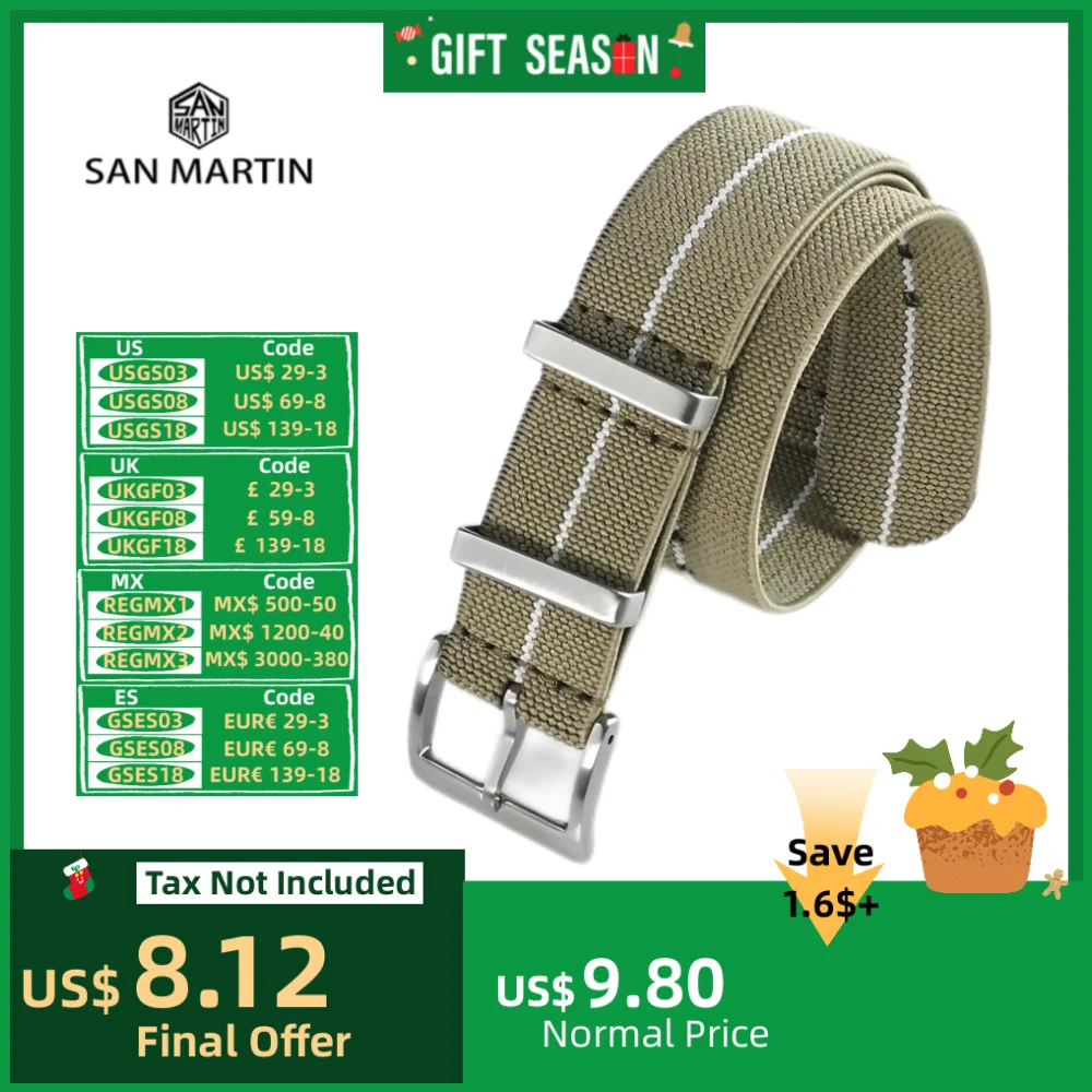 San Martin Nylon Watchband Starp 20mm 22mm Elastic Sports Sweat Watch Bands For Men Pin Buckle Durable Bracelet Universal