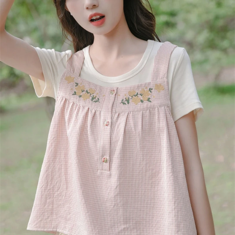 2024 Summer Korean Academy Style Loose Short Sleeve Fake Two Piece Round Neck Panel Printed Embroidered Women\'s T-shirt Top