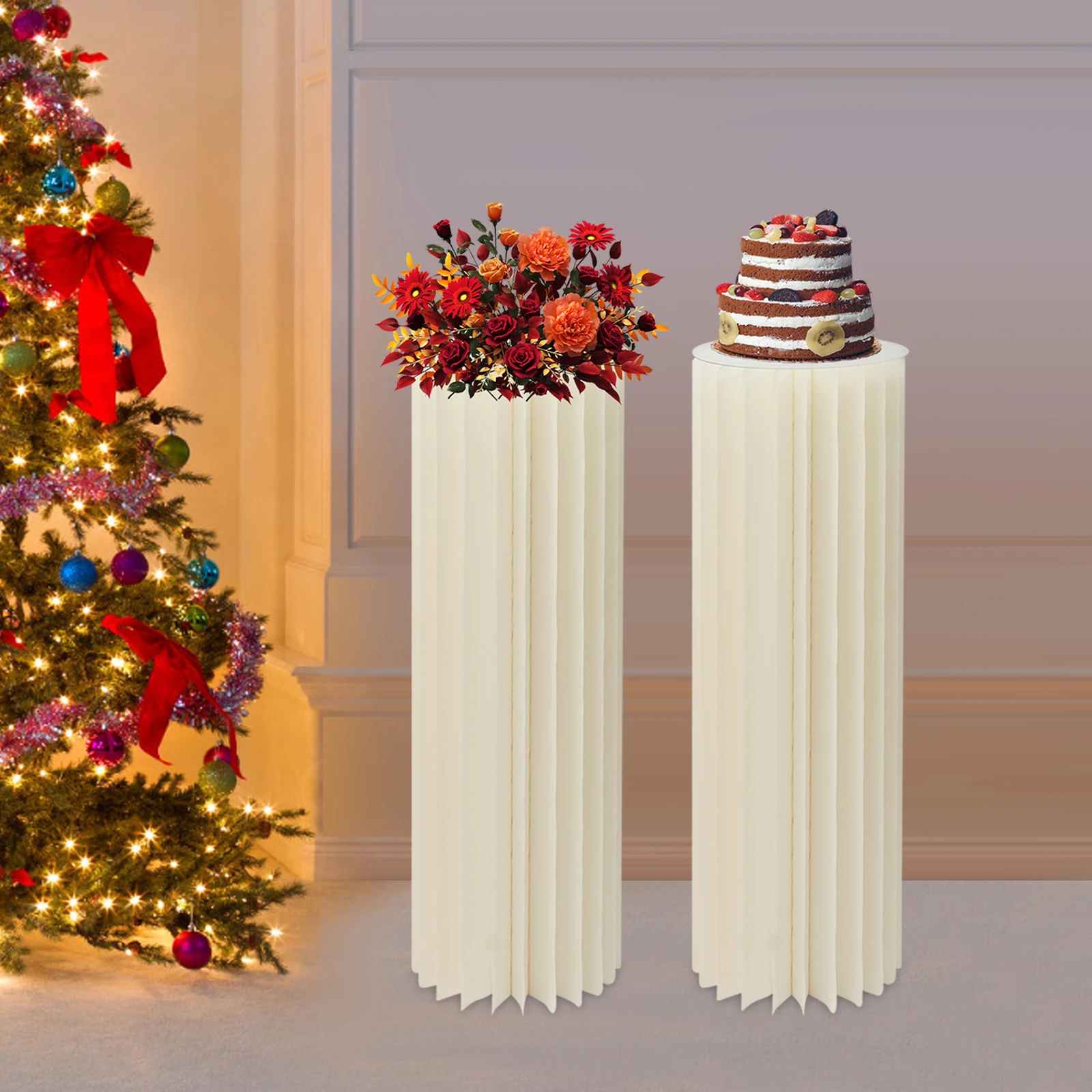 2PCS Wedding Party Flower Stand Cylinder Foldable Cardboard Centerpiece Dessert Table Columns Display Stand with PVC Board 100cm
