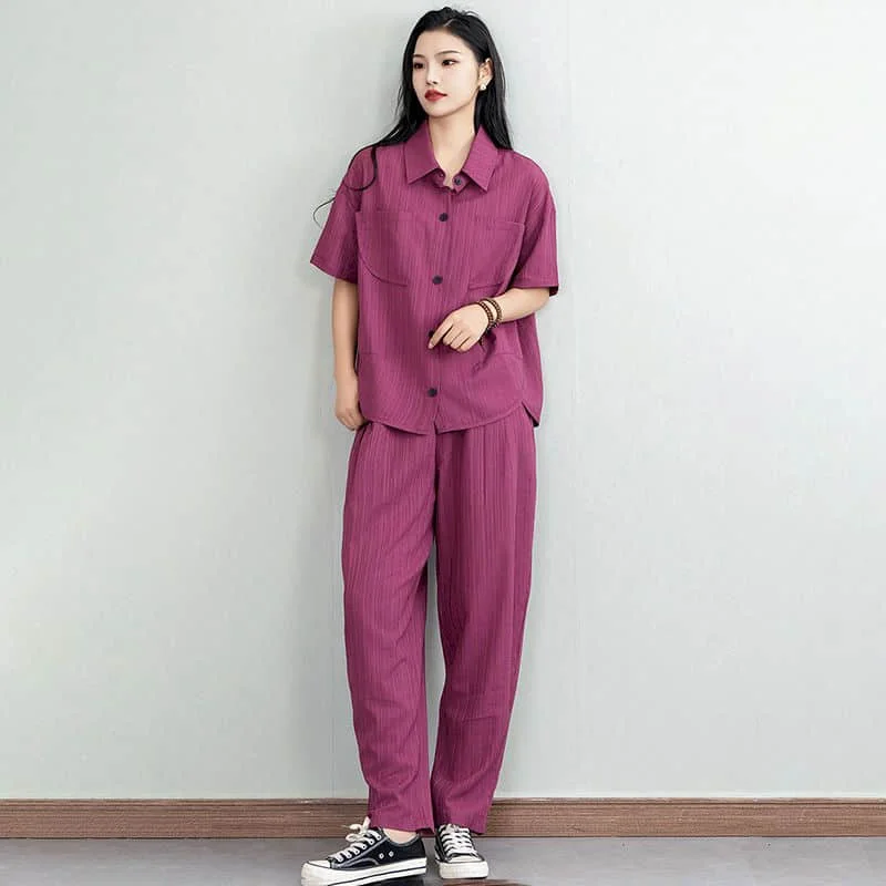 

Literary Pants Sets Vintage Solid Short Sleeve Polo-neck Shirts and Harem Pants Summer Korean Style Two Piece Sets Women Outfits