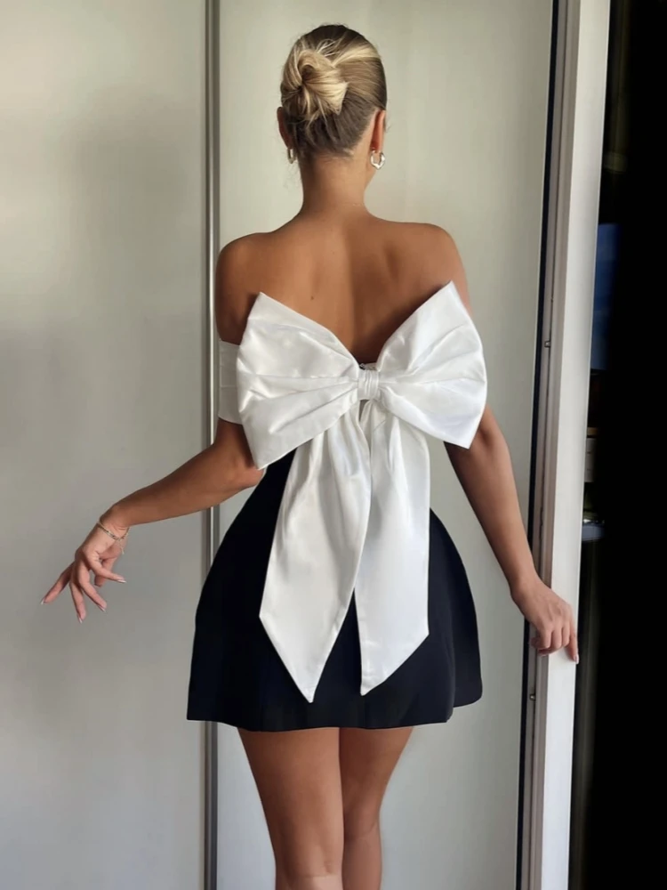 Elegant Off Shoulder Backless Bow Black Women Dress Sexy Strapless Slim Mini Evening Dress Female Party Birthday Dress 2024 New