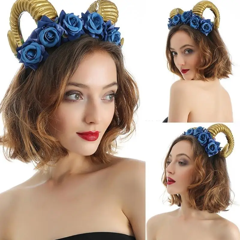 

X4YC Halloween Hair Hoop Sheep Horn Headband Floral Headwear Cosplay Carnival Props