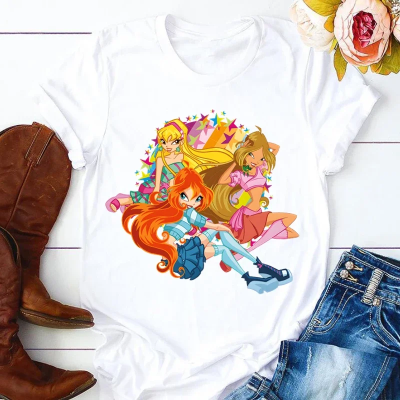 Winx-Camiseta de manga corta con estampado de hada mariposa para mujer, remera estampada, playera para mujer