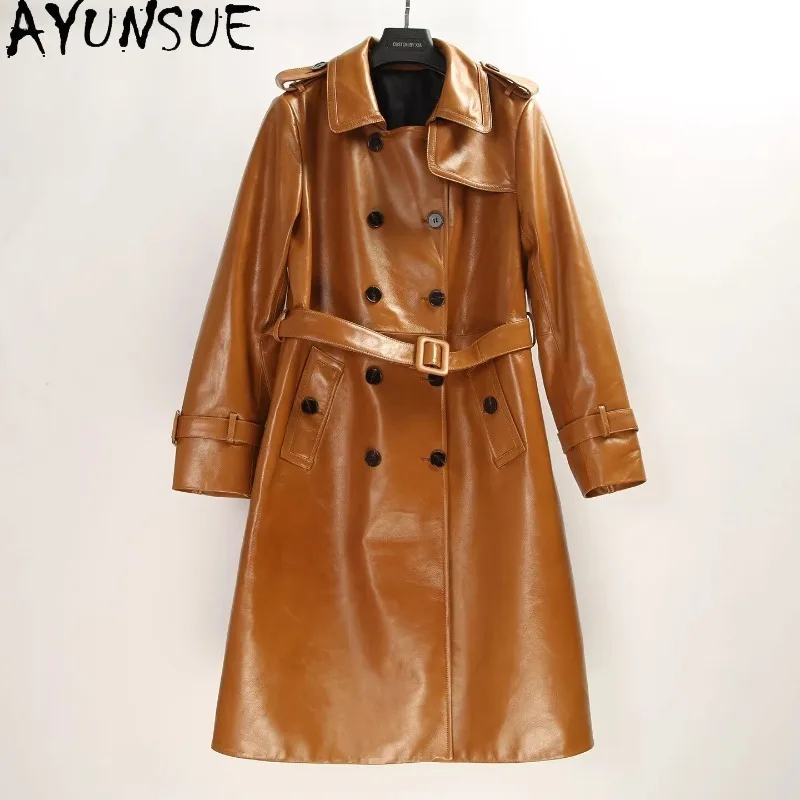 AYUNSUE Women's Real Leather Jackets Retro Double-breasted Sheepskin Trench Coat Fashion Long Outerwears Woman Clothes Casaco