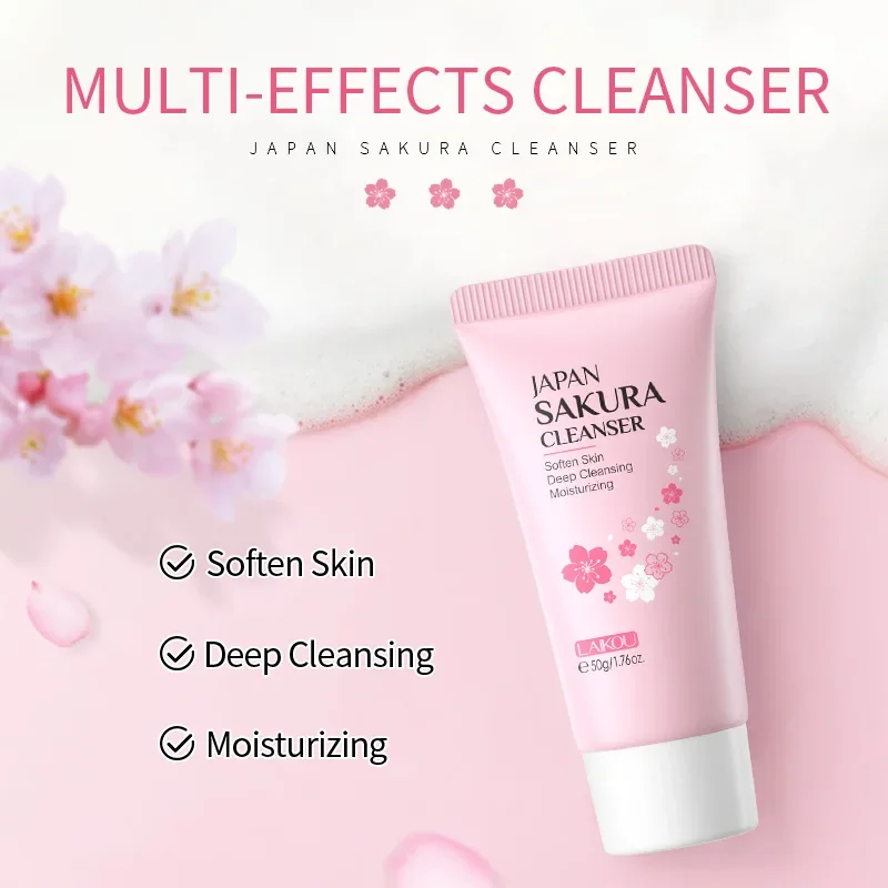 LAIKOU Sakura Facial Cleanser Deep Clean Pore Oil Control Moisturizing Brightening Gentle Face Wash All Skin Types 50g