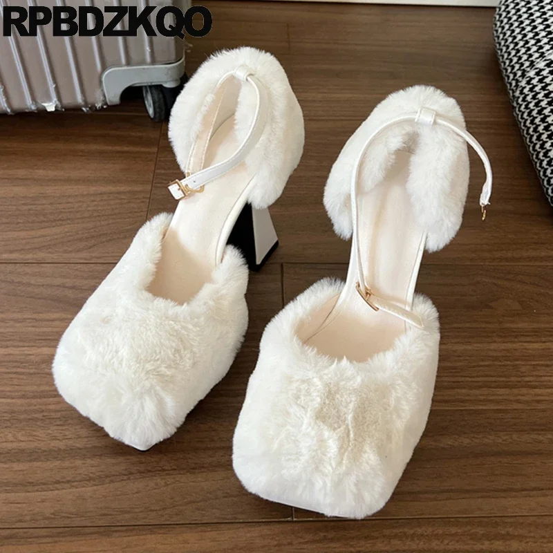 Ankle Strap Shoes Fur Plush Fluffy Square Toe Extreme High Fuzzy Block Pumps Sandals Platform Fetish Women Peach Heels Stripper