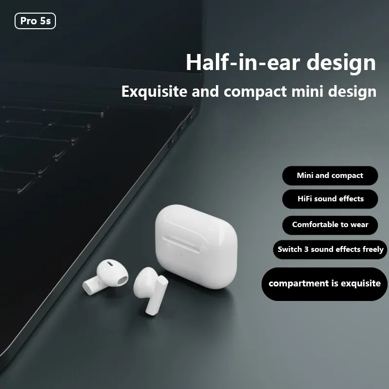 PRO 5S TWS Wireless Earphones Mini Hidden Sleep Earbuds Three Kinds of Sound Effects 68ms Low Latency HD Call Headsets for Sport