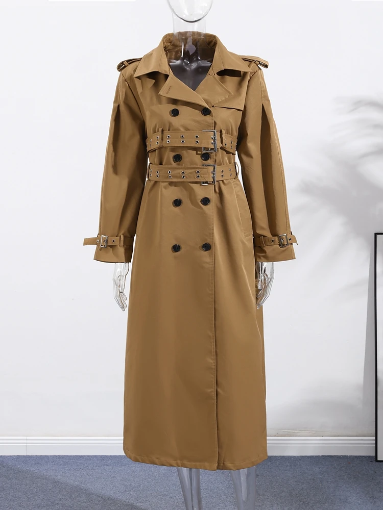 

Elegant Belt Women's Trench Coat Solid Double Breasted Lapel Full Sleeve Long Windcheater 2025 Autumn Fashion Lady Streetwears