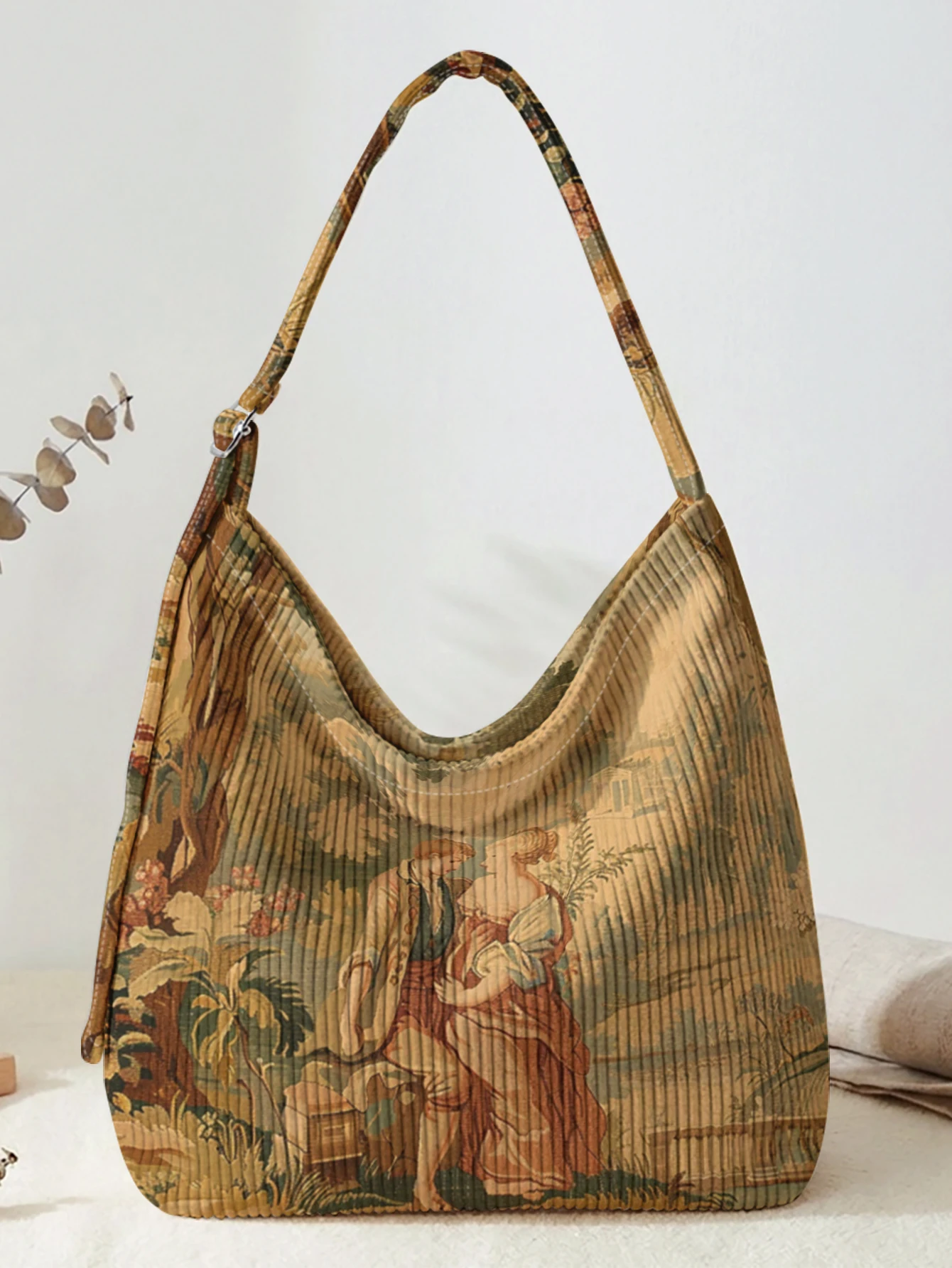 Vintage Romantic Painting Print Hobo Bag, Adjustable Shoulder Strap, Large Capacity Shoulder Bag For Shopping Travel Daily Use