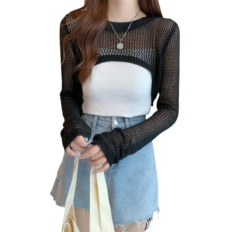 Women's Summer Hollow Out Knitted Cardigan Long Sleeve Sun Protective Short Chic Sexy Top Niche Design
